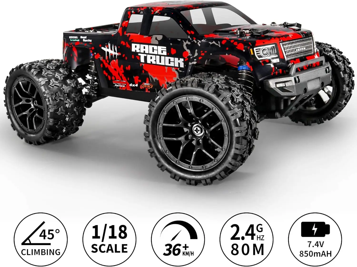 1/18 Scale 4WD RC Truck High Speed 36KM/H All-Terrain Car with 2.4G Remote Control And Independent Suspension Waterproof