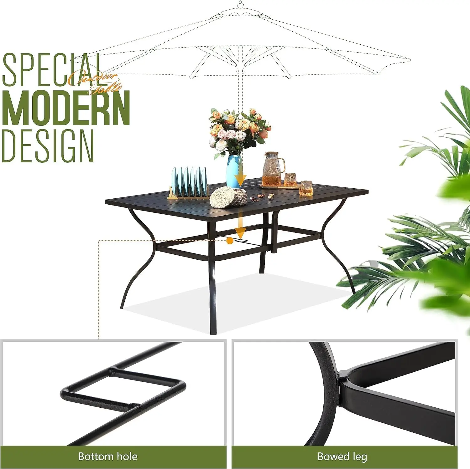 Patio Dining Set 8 PCS with 13ft Double-Sided Patio Umbrella(Navy Blue)，Metal Outdoor Dining Set