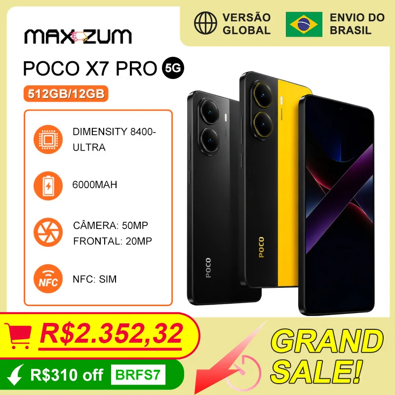 Poco X7 PRO 5G 512GB e 12GB RAM, Smartphone com Processador Dimensity 8400-Ultra, Câmera de 50MP, Bateria de 6000mAh