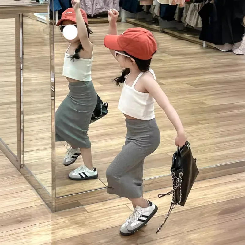 

Children's Outfit New Summer Girls' Stylish Trendy Backless White Strap+Bodycon Dress Two-Piece Set