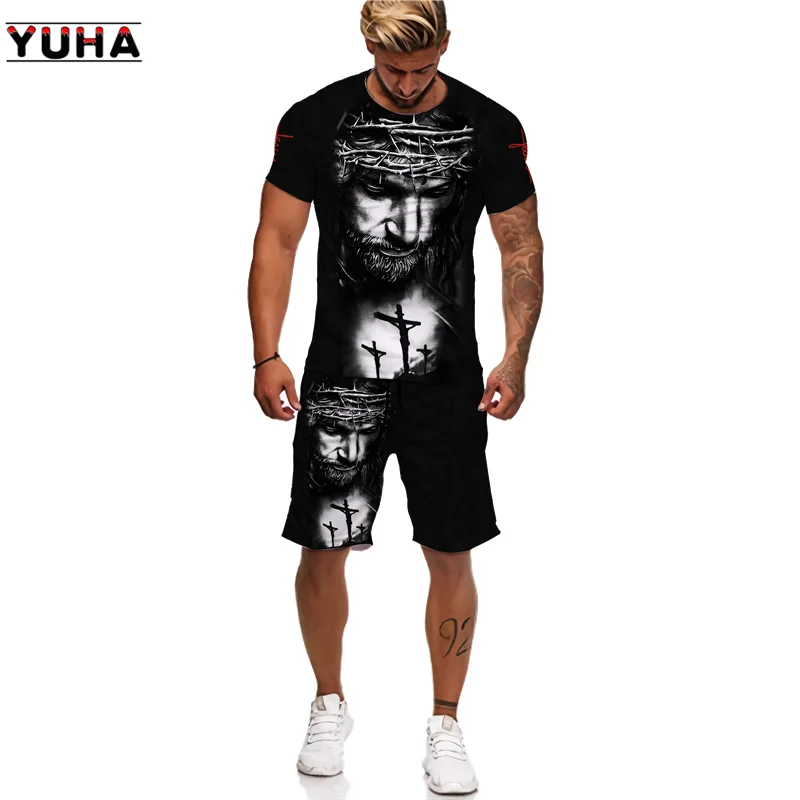 YUHA,Summer 3D Lion Cross Printed Men\'s T-shirt/Shorts/Suit Short Sleeve Jesus Love Everone Christian Street Wear 2 Pcs