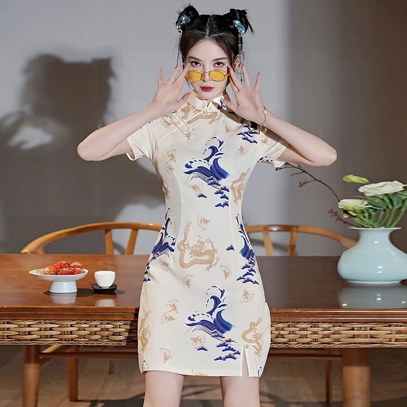 

Китайский стиль, ретро, новое улучшение, повседневное можно носить Cheongsam, свежее художественное молодежное современное модное национальное платье Ципао с принтом