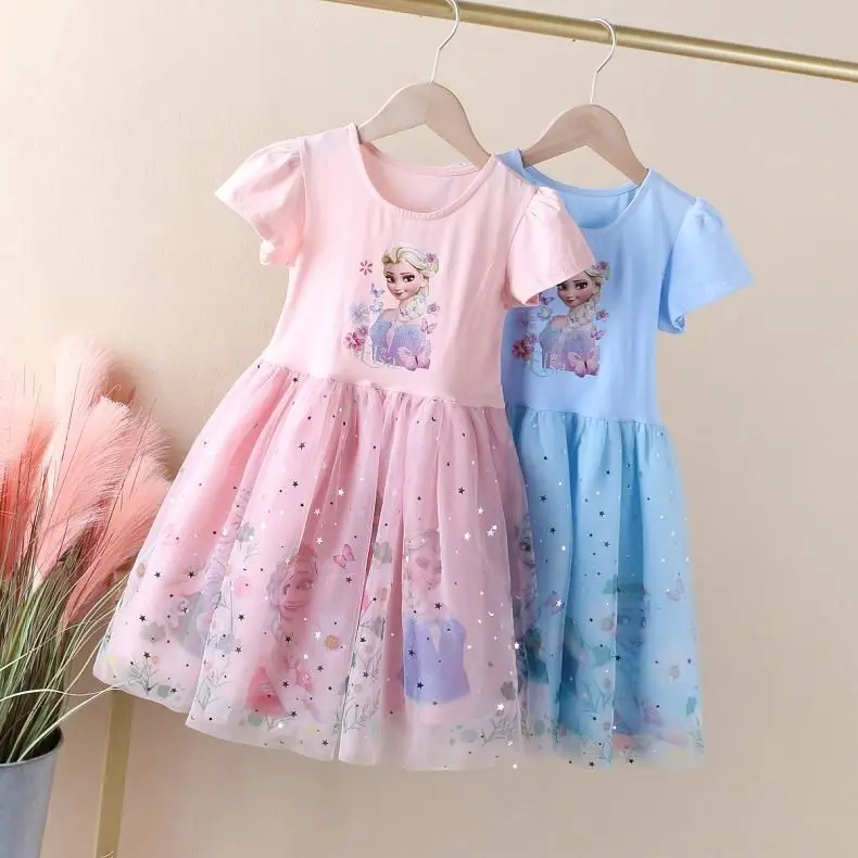 2 4 6 8 Yrs Elsa Dress for Little Girls Cartoon Disney Frozen Pattern Princess A Line Frocks Casual Clothes Toddler Summer Robe