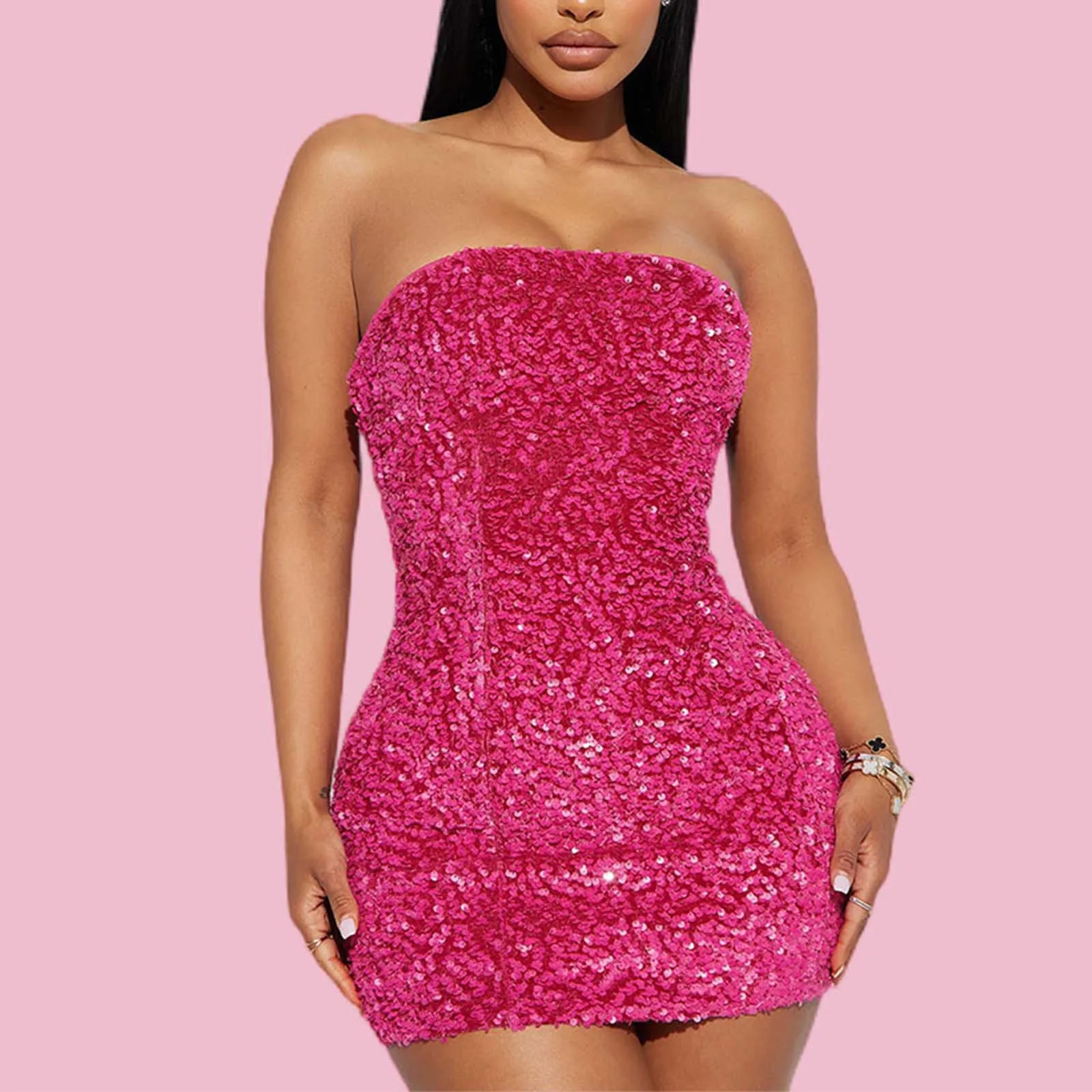 Vestidos Glitter sem alças para mulheres, Lantejoula brilhante, Hip Wrap, Mini Clubwear, Vestido de festa à noite