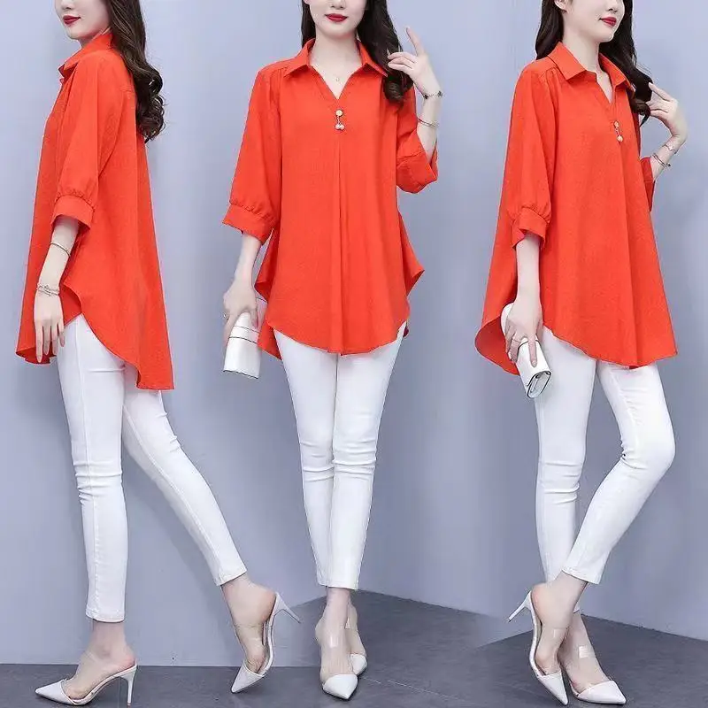 Women Summer Office Lady Elegant Loose Large Size Appear Thin Solid Color Slash Neck 3/4 Sleeve Shirts Ladies Casual Trend Tops