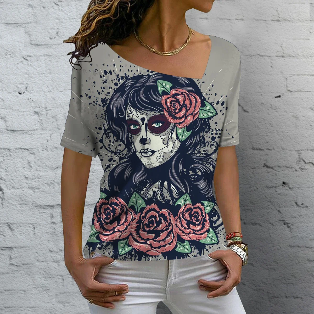 Women\'s T Shirt Vintage Skull 3D Printed V-neck Blouses Casual Short Sleeve Pullover Tops Summer Oversized Harajuku Clothes Tees