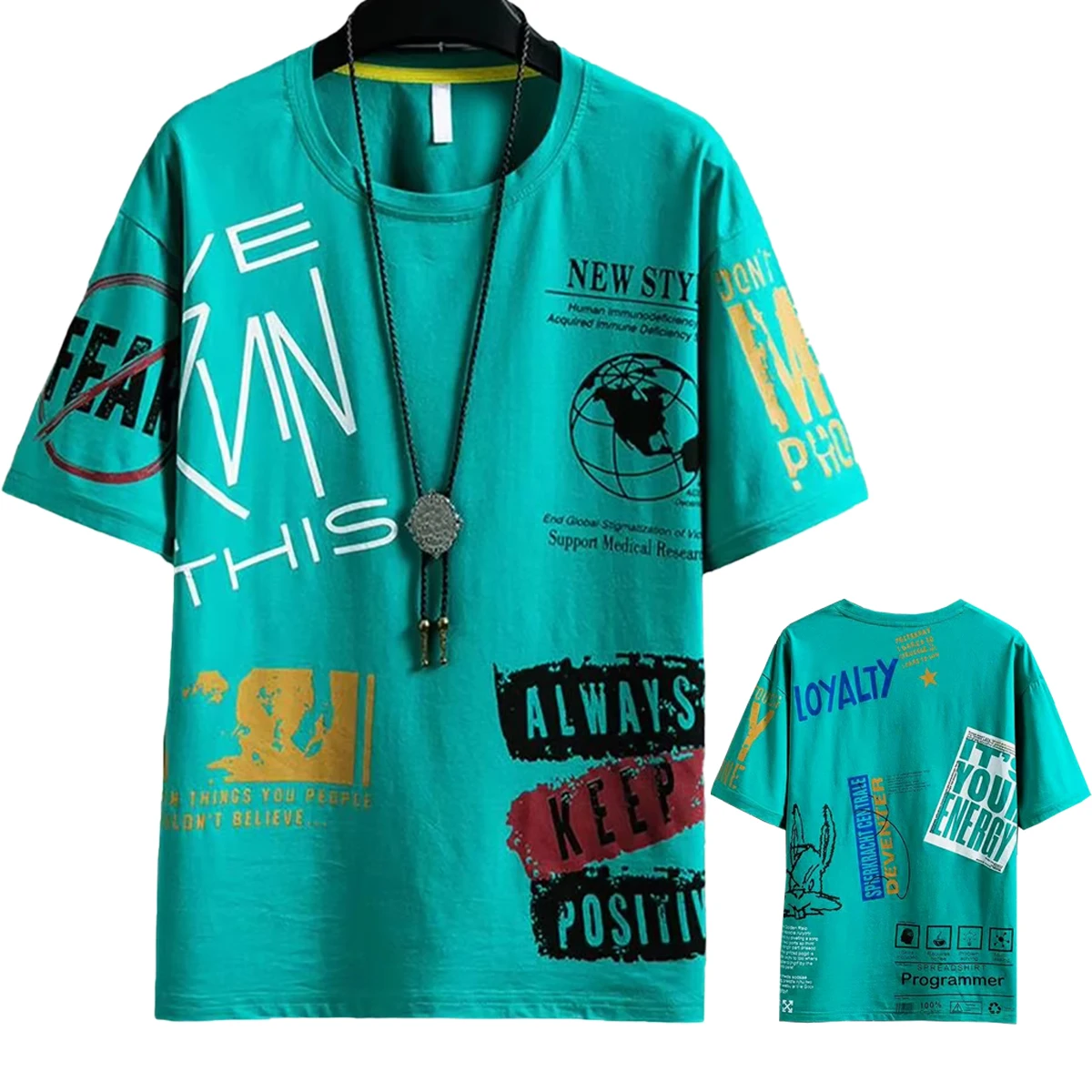 تي شيرت رجالي برقبة دائرية وأكمام قصيرة بنمط مطبوع عصري متوفر باللون الأسود والأخضر بألوان أخرى #4