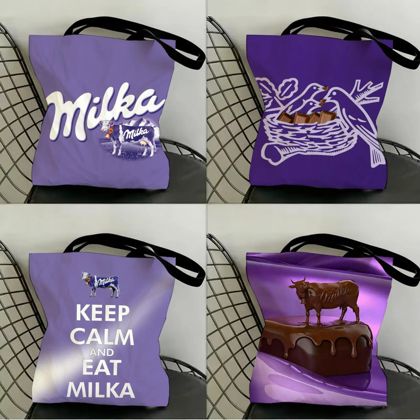 

Funny Milka Purple Storage Bags Canvas Double-Sided Print Fashion Shoulder Tote Shopping Bag Gift Eco Handbags