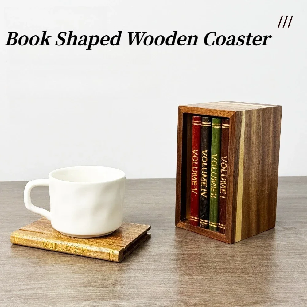 Book Shaped Wooden Coaster Creative Heat Insulation Pad Square Drink Cup Mat Decorative Table Ornament for Home Kitchen
