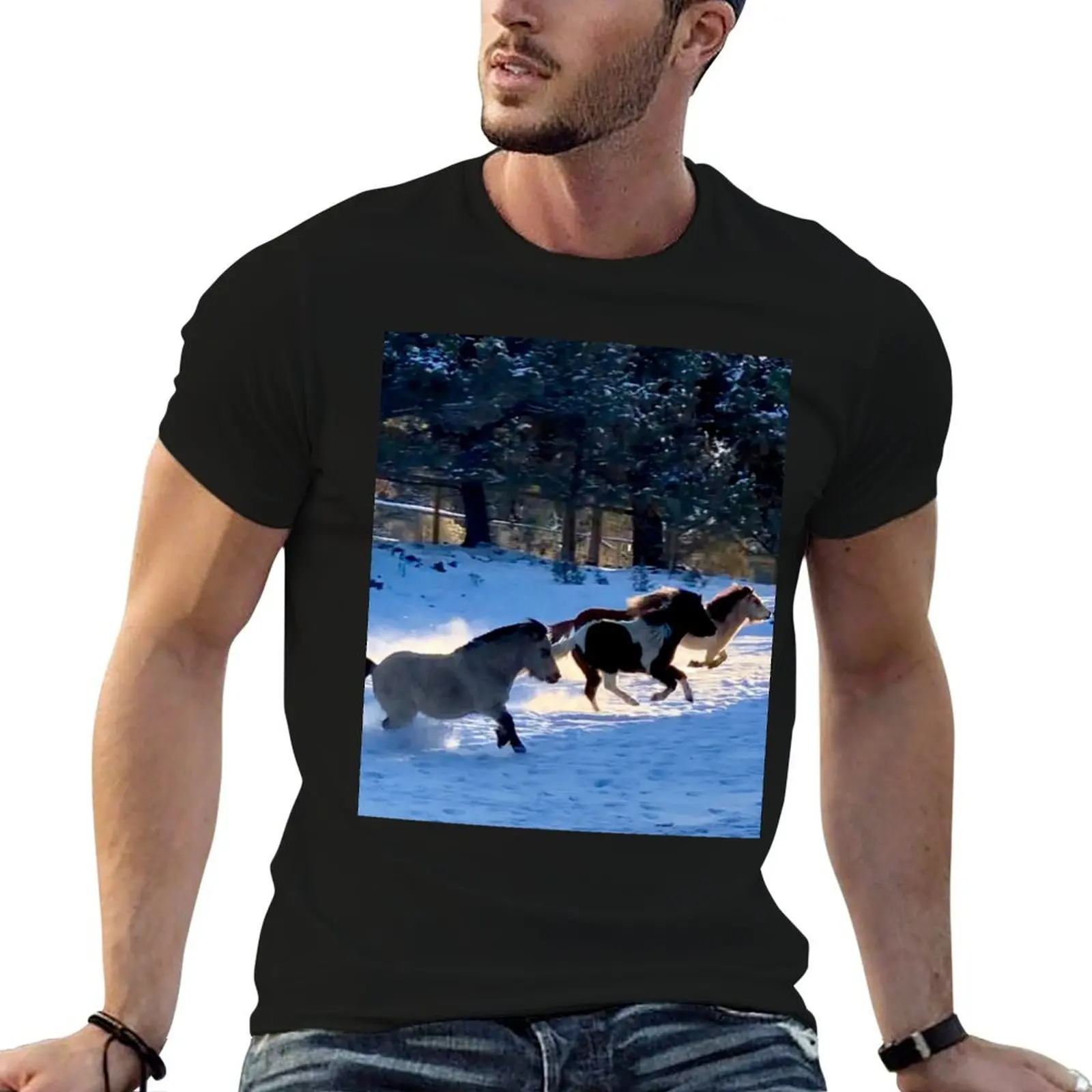 Miniature Mini Horses Winter Snow Running T-Shirt Plus Size Everyday Tee Shirt