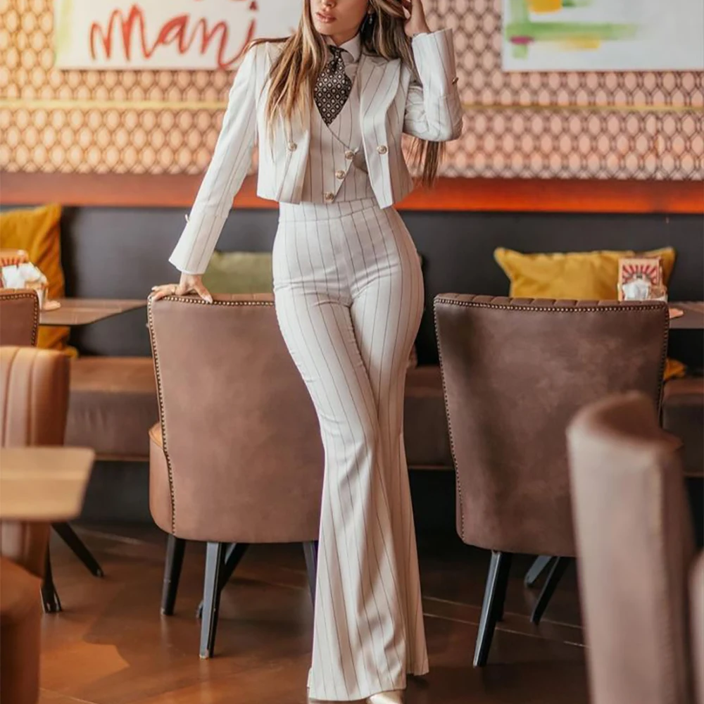 

Women Pants Suit 3 Piece White Stripe Work Outfit Office Wear Short Top High Waisted Trousers Blazer Set Professional Clothing