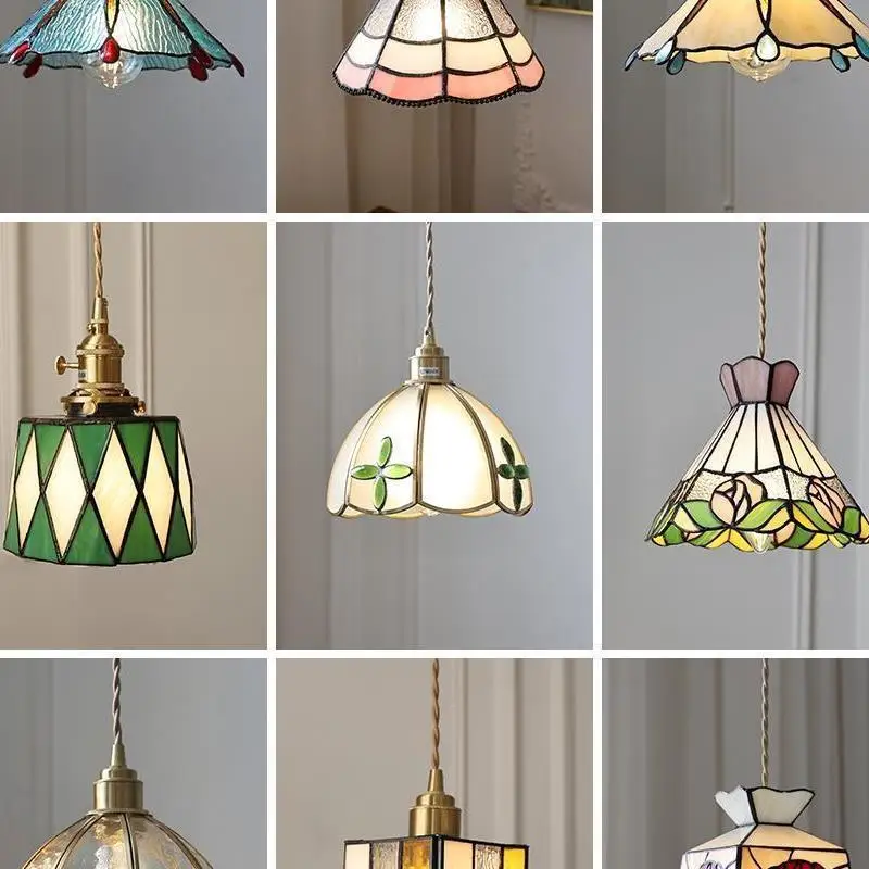

Винтажная латунная витражная люстра, американская прикроватная тумбочка, ресторан, кафе, витраж, маленькие подвесные светильники luminaria
