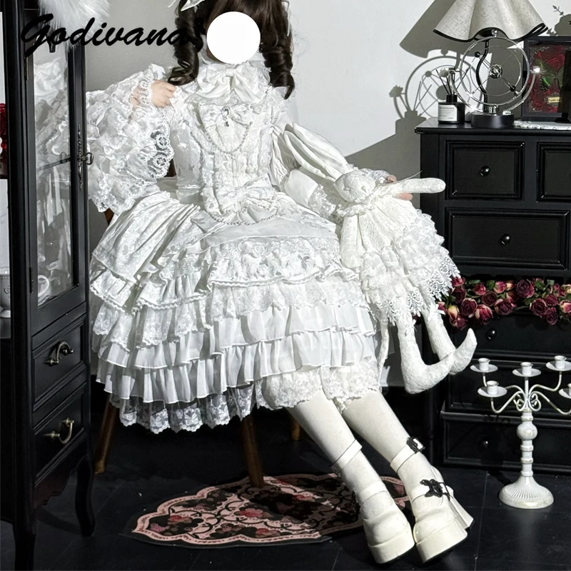 Sweet Cute Girls Lolita Dress Set Gorgeous Flower Marriage Princess Lace Bow Jsk Suspender Dress Flare Sleeve Shirt Women Outfit