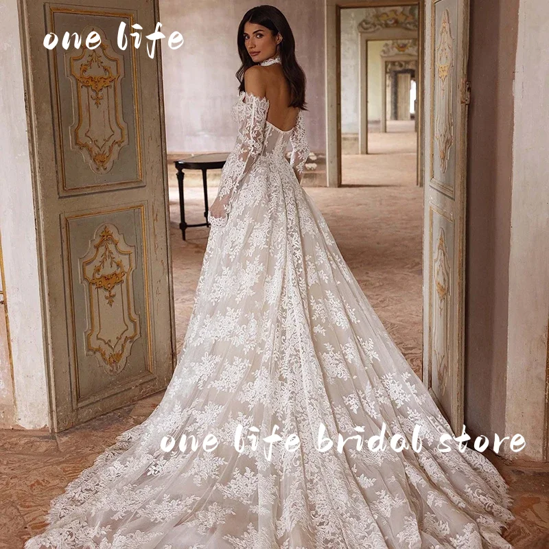 Ol clássico vestido de casamento sem alças mangas completas drapeado trem real renda branca vestido de noiva personalizado luxo robe de mariée