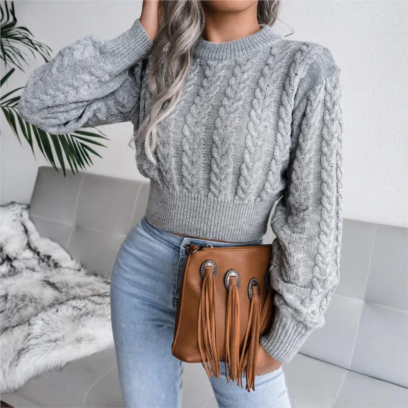 Autumn and Winter 2024 Fashion New Fried Dough Twists Waist Closing Knit Umbilical Exposed Solid Sweater Women's Wear