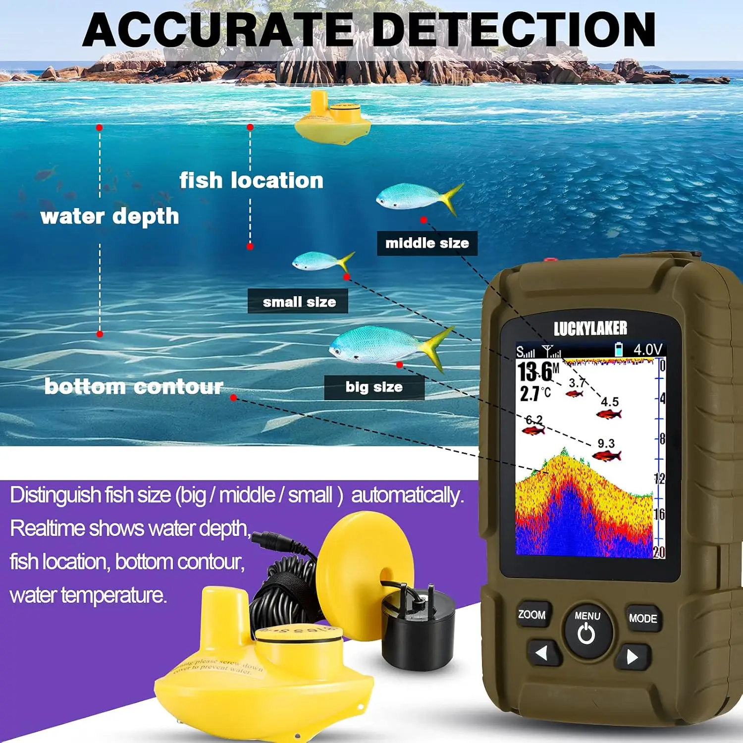 Sensor Handheld Fish Finder Water LCD Boat Depth Finder Display Transducer Wireless Waterproof Fish Finders