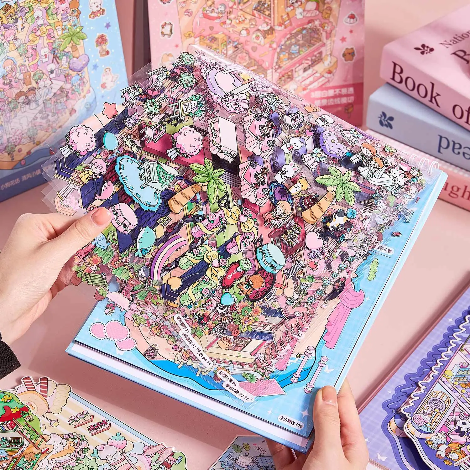 20pcs/book Miniature Scene Sticker Book Rainbow Island Large Size 3D Stacked House DIY Handbook Sticker Book Students' Gift