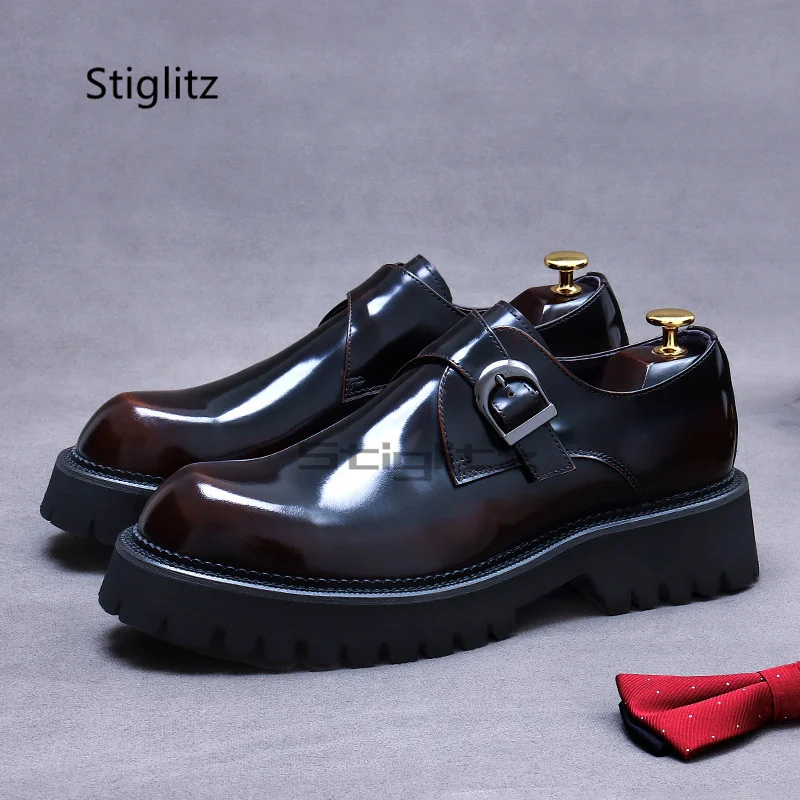 

Leather Shoes Men's Business Dress Shoes Cowhide Leather Buckle Casual Lacquered British Style Thick Soled Derby Men's Shoes