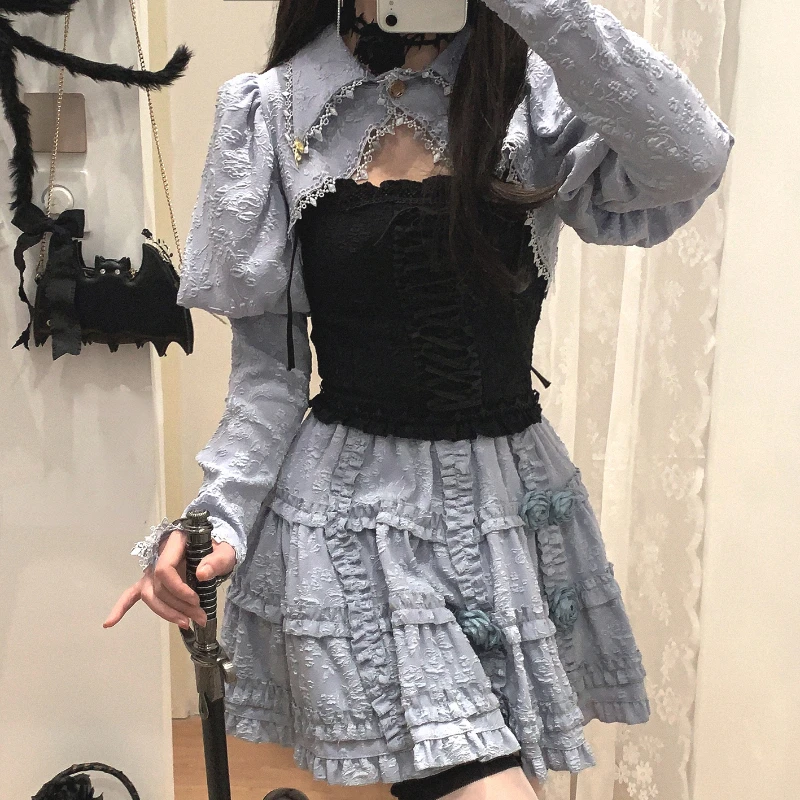 Black Lolita Style Three -piece Set Women Gothic Retro Rose Knight Mini Skirt Suit 2023 Y2k Short Coat Kawaii Bandage Camis Tops