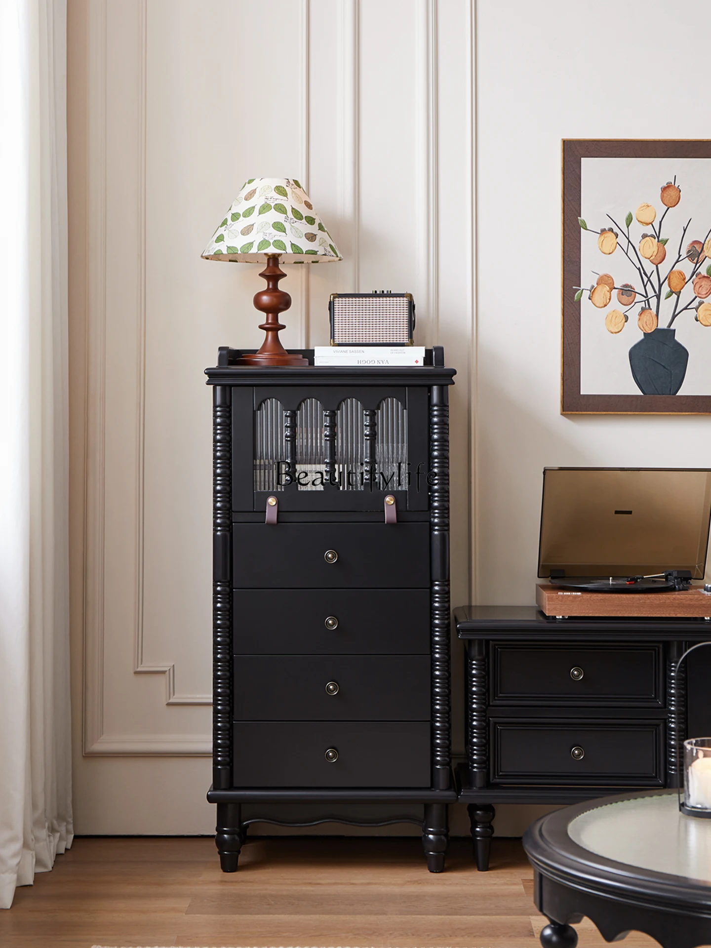 

Pure log French retro all solid wood flap door bucket cabinet black locker