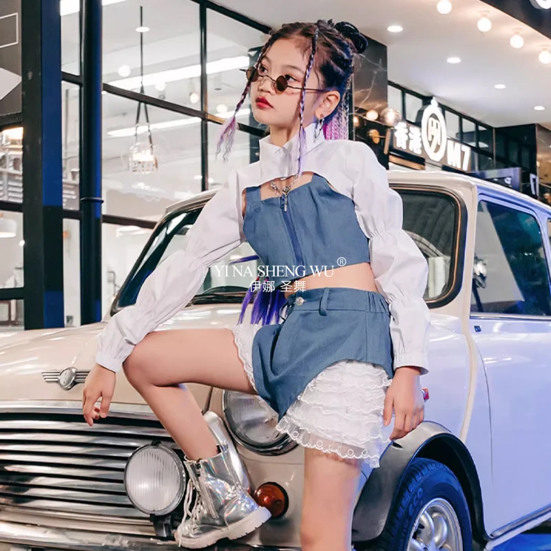 Hip Hop Street Dance Kinderkleding K-pop Podiumoutfits Blauw Wit Mode Cool Jazzdanskleding Meisjes Runway Show Kostuum