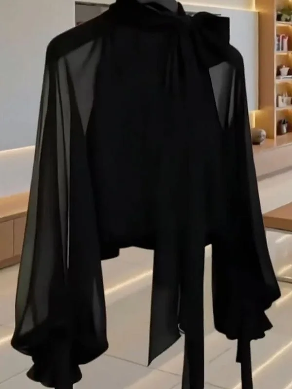 

Spring Summer 2026 Knot Design Slim Fit Stand Collar Loose Casual Long Sleeve Lightweight Sun Protection Chiffon Shirt