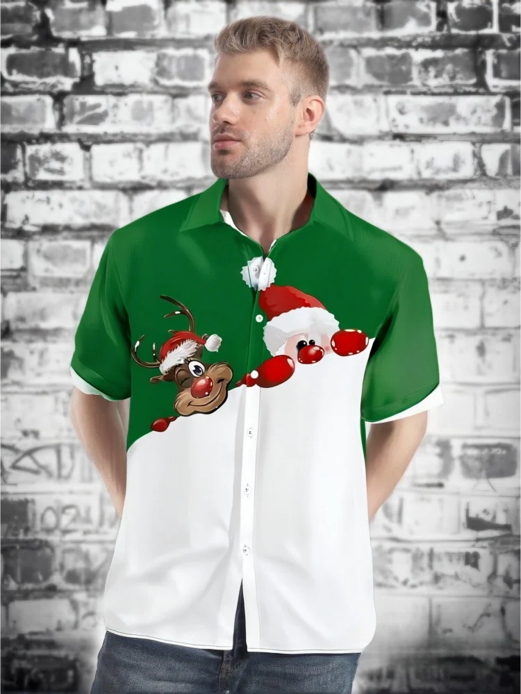 

Merry Chrismas Day T-shirt with Festive Reindeer & Snowflake Prints Classic Red-Green Color Scheme Holiday Family Gathering Tops