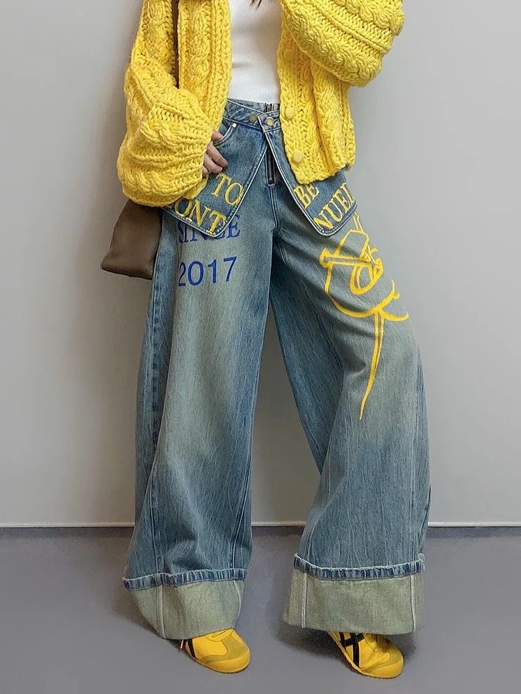 Waistband Print Jeans Women American Streetwear Two Layer Look Wide Leg Trousers Y2K Fashion Girl Floor Length Outfit Chunky Fit