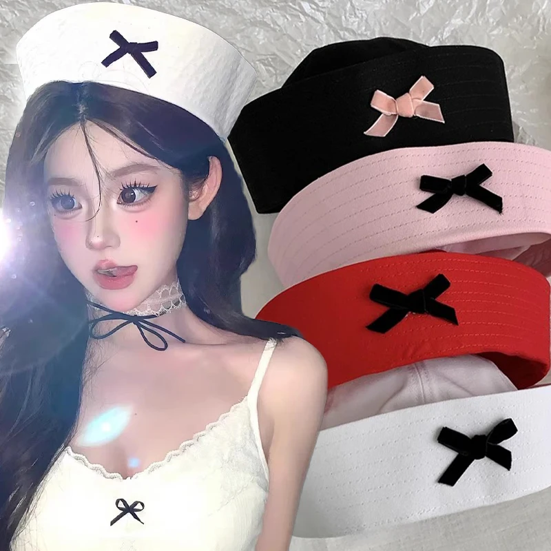 

Y2k Sweet Pink White Bow JK Беретная шляпа Сексуальная купольная матросская шапка Корейская темно-синяя кепка для женщин Нишевая отвернутая шапка-берет для косплея медсестры