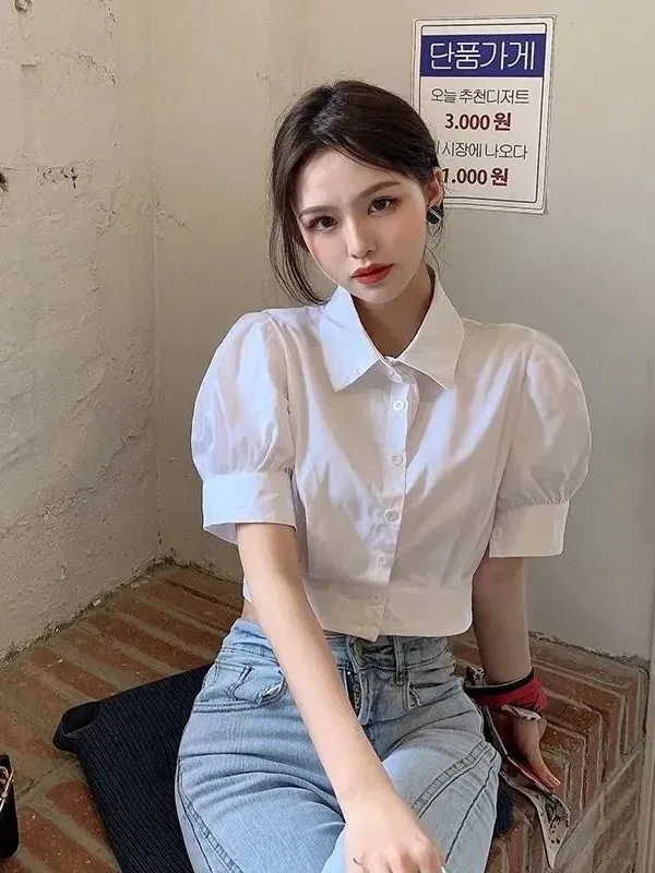 

White Short Bubble Sleeve Shirt Women's Early Spring New Style Loose Fit Korean Version Design Sensation Fashion Top