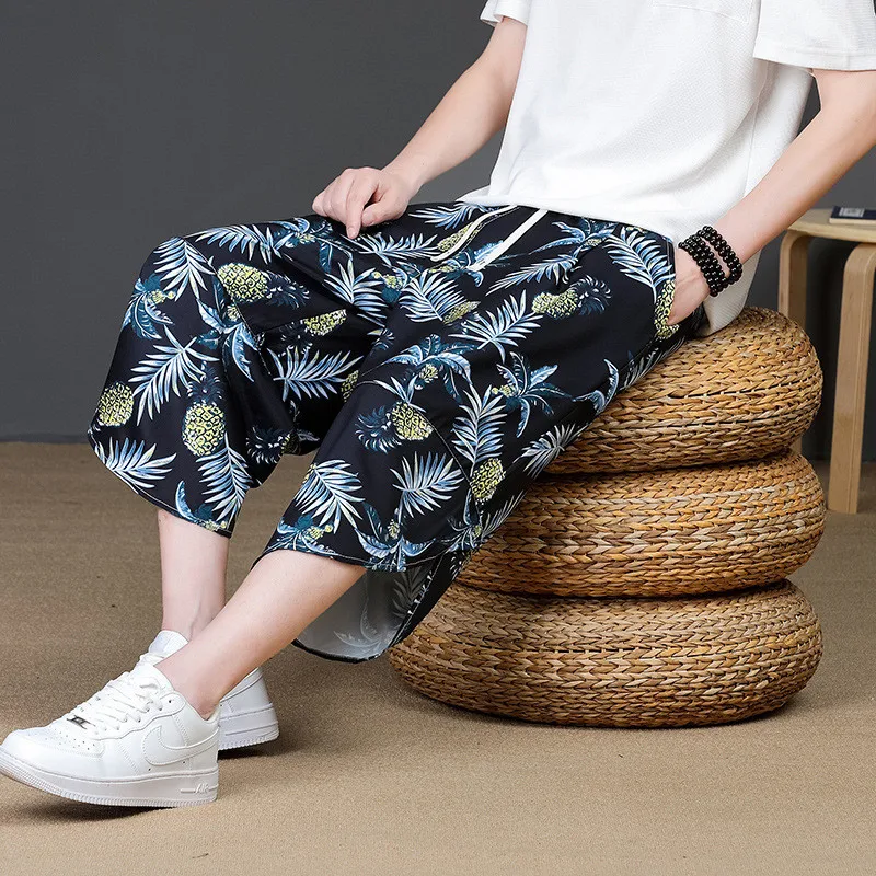 Men's Summer Beach Flower Shorts Thin Thai Radish Pants Drawstring Chinese Style Cropped Ice Silk Trendy Loose Casual Shorts