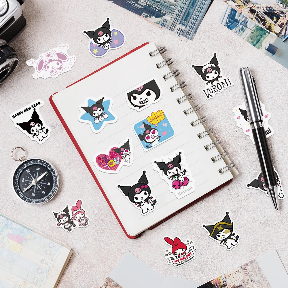 10/30/50/100 pçs sanrio anime minha melodia kuromi adesivos bonito dos desenhos animados decalques para crianças brinquedo diy garrafa de água telefone notebook decalques