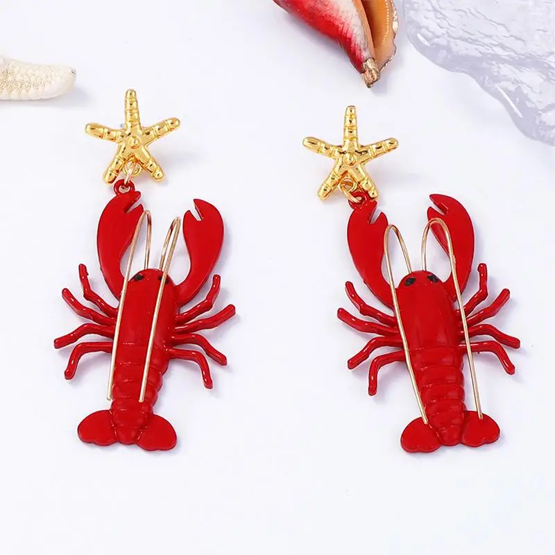 Pendientes de langosta pintados con bigote largo a la moda, estilo océano de dibujos animados, colgantes de animales, pendientes únicos de estrella de mar roja para mujer