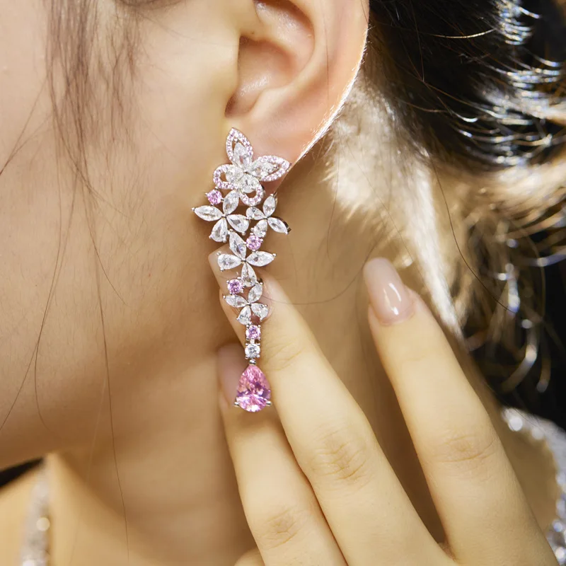 Designer Collection Style Women Lady Setting Pink Pyriform Zircon Tassels Butterfly Plated Gold Color Stud Earrings