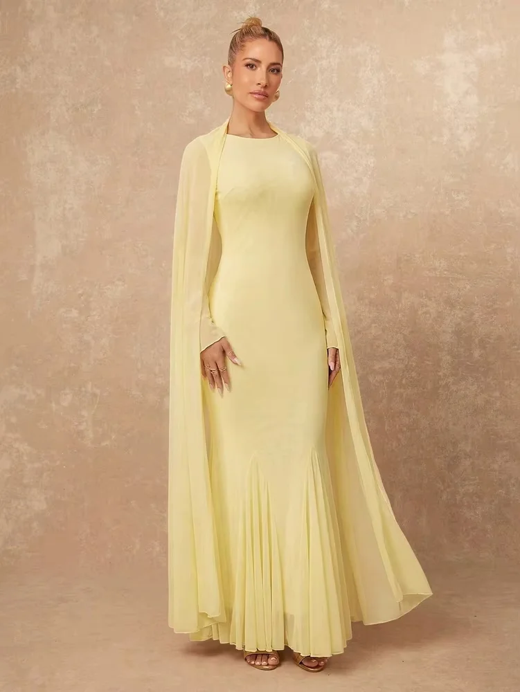 Modest long‑sleeve floor‑length evening gown with pleated draping fabric, simple and elegant cut. Custom sizes & plus size avail