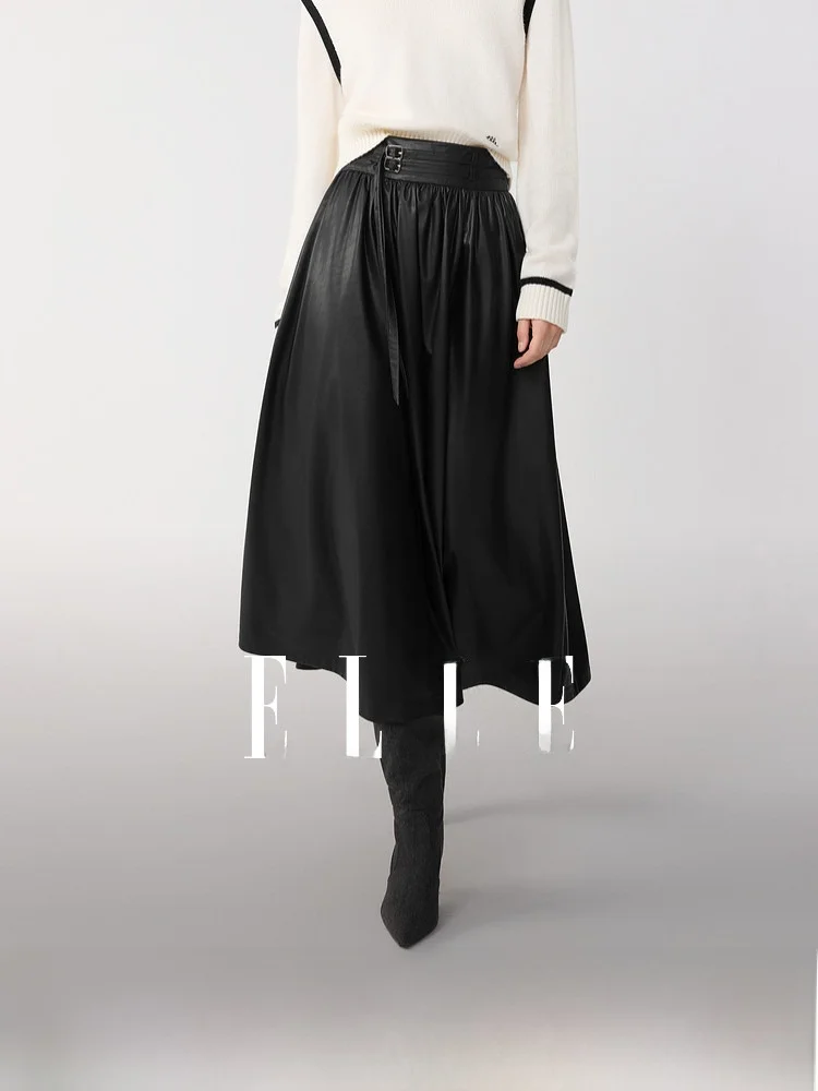 Modern Black PU Leather Half Skirt for Women Commute Design Winter New Style ELLE Elegant Umbrella Skirt Office Fashion