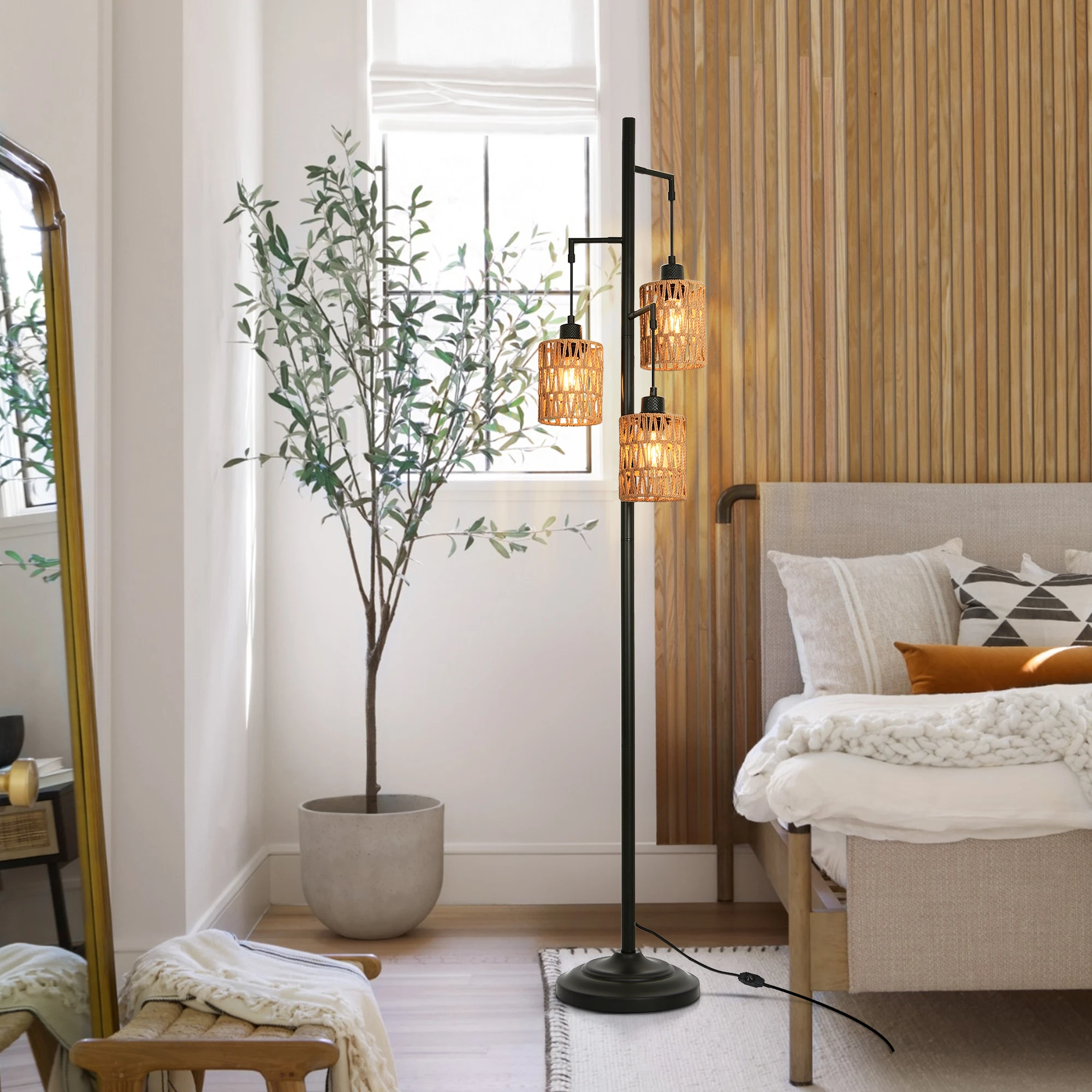 Farmhouse Floor Lamp 3 Light Boho Floor Light with Rattan Shade Dimmable Floor Lighting Fixture for Bedroom Office Decor