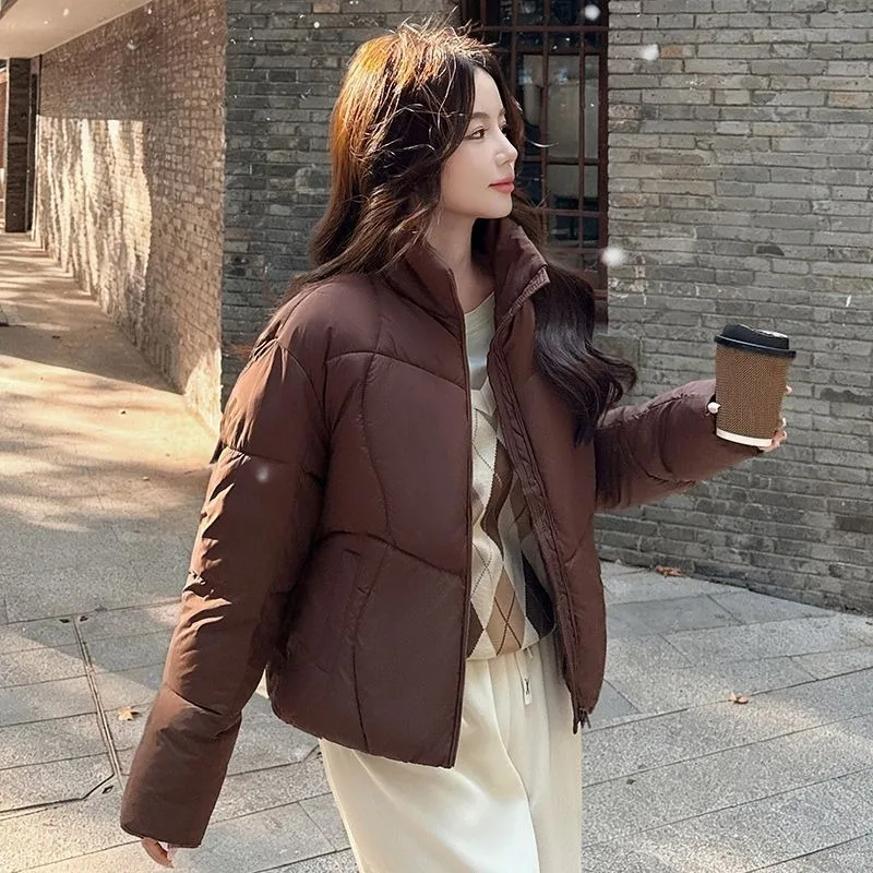 Kendou Style Women Winter Puff Cotton Coat Short Stand Collar Loose Thick Warm Puffer Jacket For Petite Figure