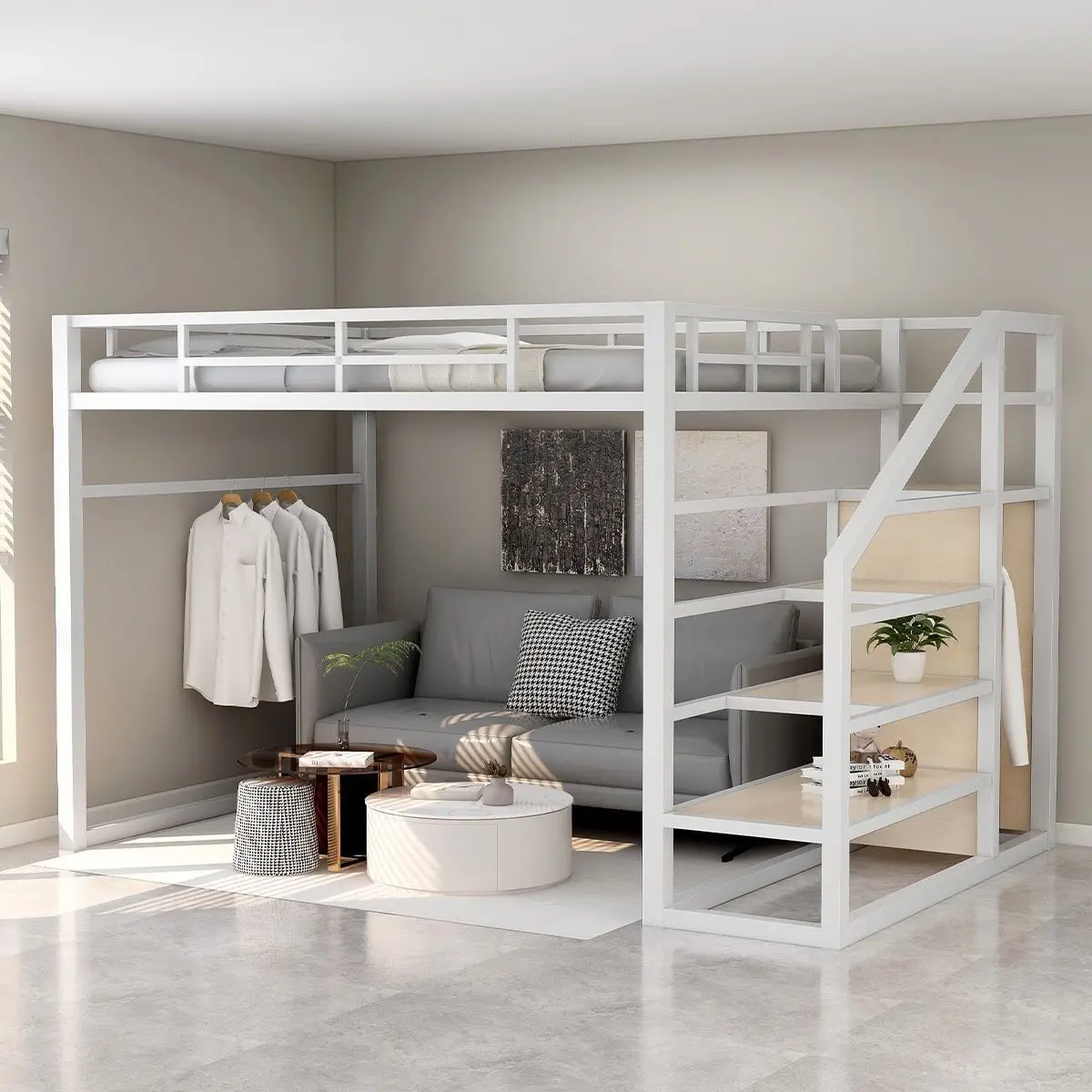 Wrought iron elevated bed, space-saving bed, loft-style simple apartment