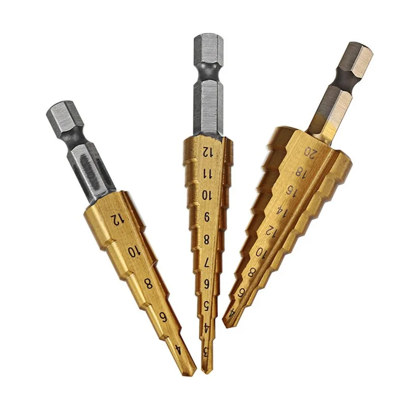 JUSTINLAU 3Pcs 1/4 Inch Hex Shank HSS Titanium Coated Step Drill Bit Set 3-12/4-12/4-20mm