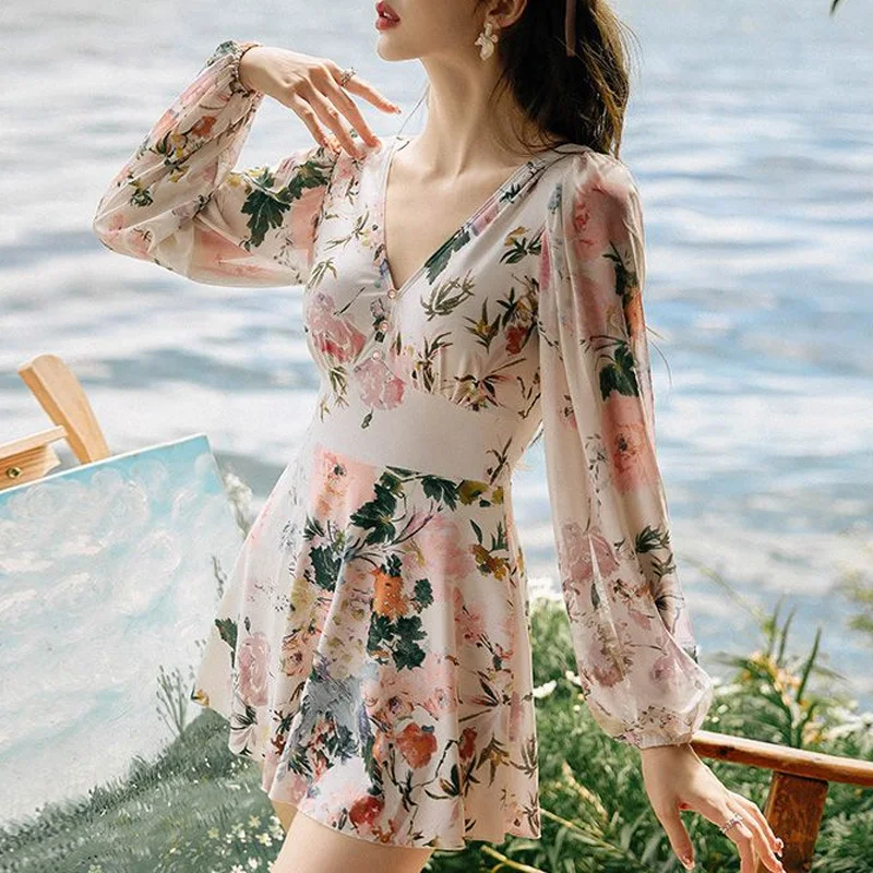 2023 New Summer Bohemian Asian Style V-neck Spliced Button High Waist Open Back Long Sleeve Sunscreen Holiday Dress Swimwear