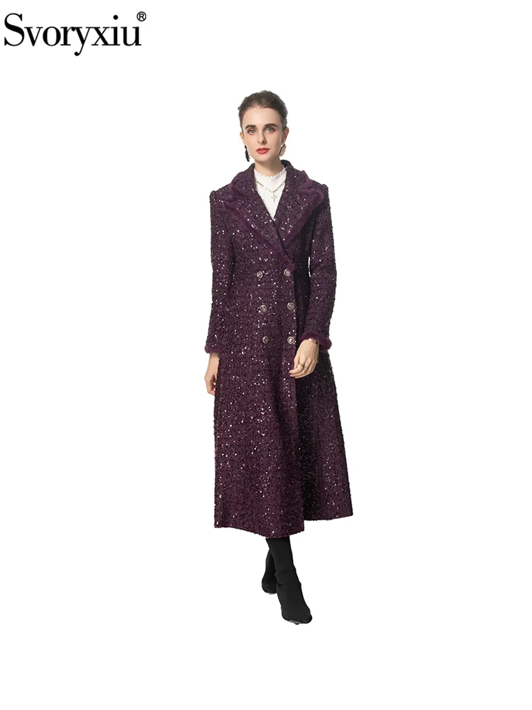 Svoryxiu Fashion Runway Autumn Purple Vintage Overcoat Women's Turn-down Collar Double Breasted Long Sleeve Sequins Overcoat