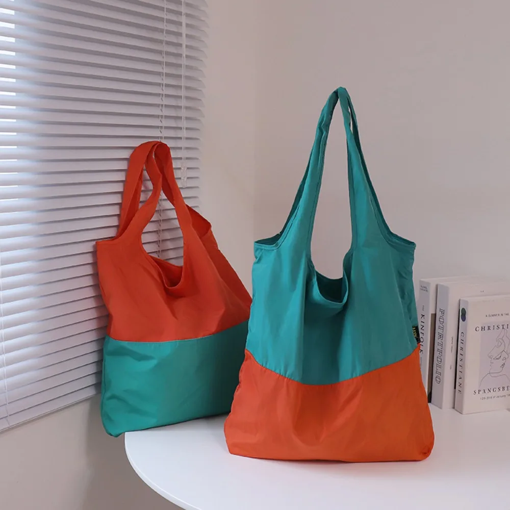 

New Foldable Supermarket Shopping Bag Eco-Friendly Reusable Travel Grocery Bag Waterproof Patchwork Color Clash Shoulder Bag