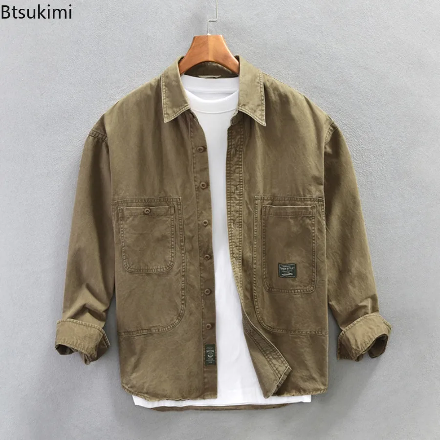 Classic Retro Cargo Shirts Men's 100% Cotton Long Sleeve Lapel Shirt Jackets Spring Autumn New Casual Cardigans Male Loose Tops