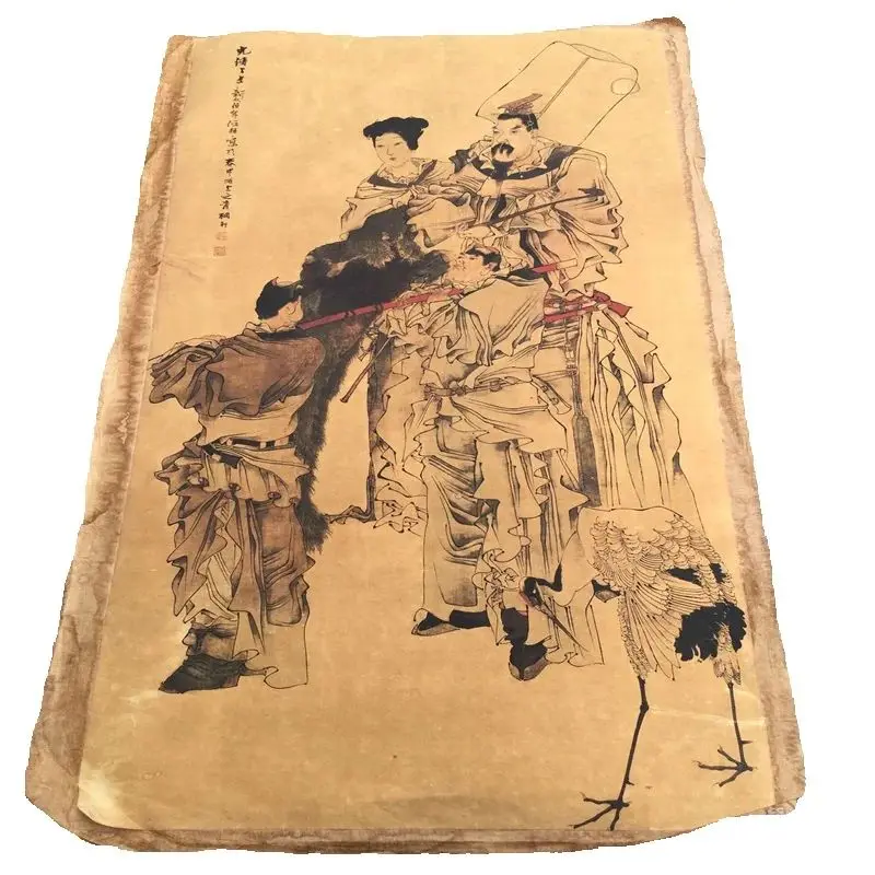 

Ren Bonian Chinese Old Scroll Artist Core Portrait Flower & Bird Design Rice Paper Cut-Out Painting Slice for Home Decor