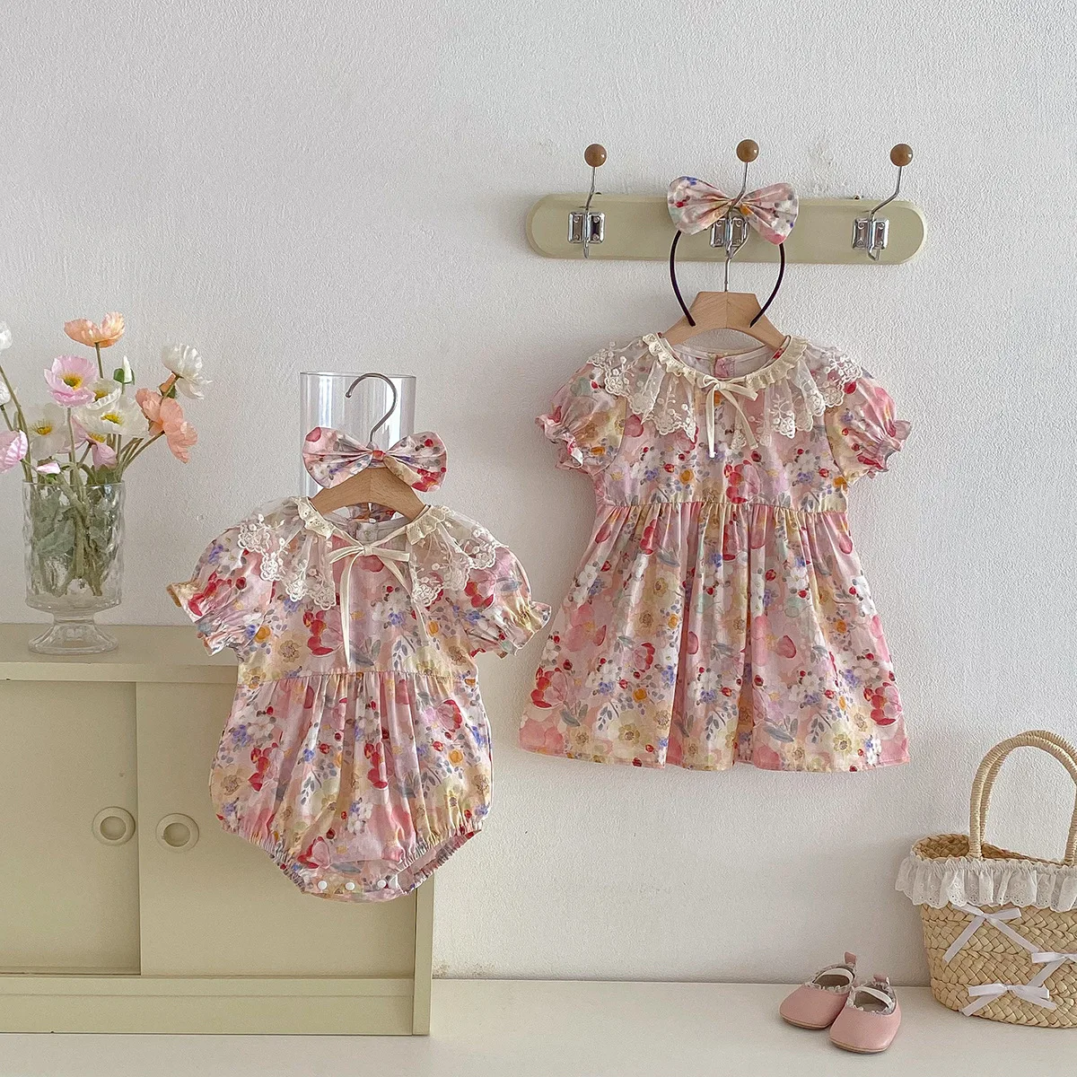 2026 Summer Baby Girl Sibling Matching Outfits Floral Princess Romper Dress Korean Cute Sister Outfit Casual Daily Photo Wear