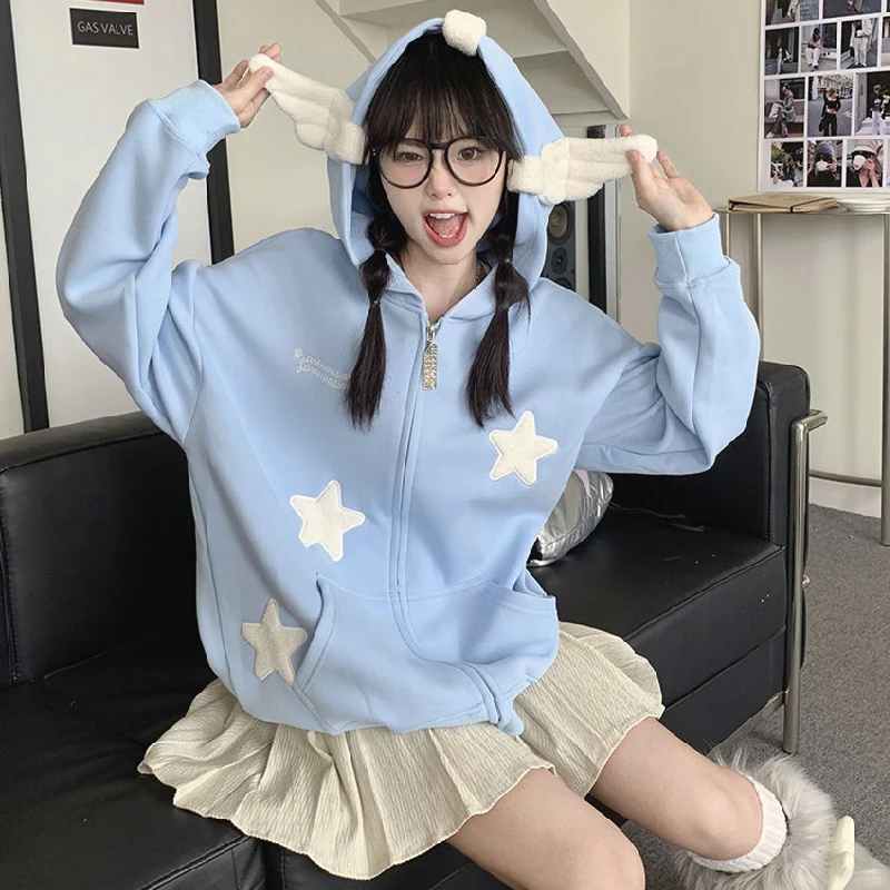 Autumn Y2k Style Women Hoodies Preppy Style Clothes For Teens Hooded Angel Wings Zipper Oversized Sweatshirt Casual Cute Outwear