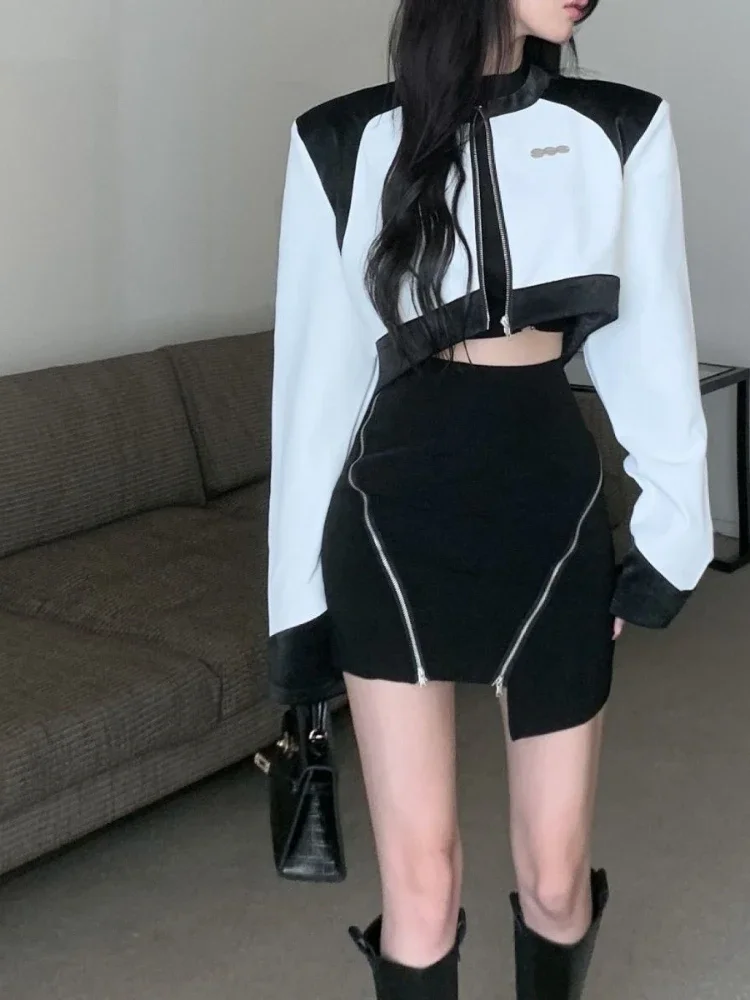 

Women Suits Sexy Crop Leather Jacket Black Hollow Shirt High Waist Skirt 3 Piece Zip Skirt Party Girl Elegant Y2k Female Suits