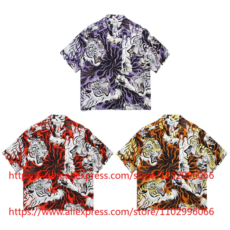 WACKO MARIA Men's Shirts Tiger Print Hawaiian Shirt Short Sleeve Button Up Streetwear High Quality Top