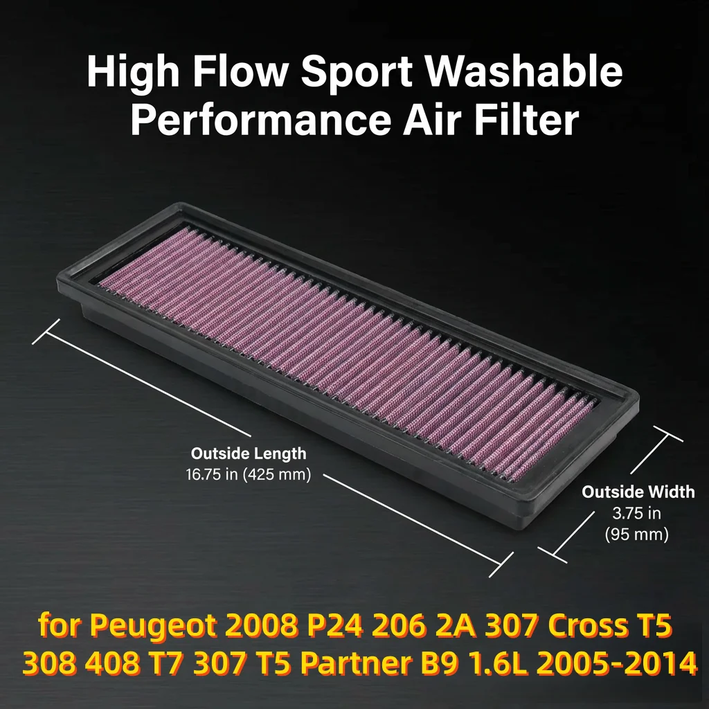 

for Peugeot 2008 P24 206 2A 307 Cross T5 308 408 T7 307 T5 Partner B9 1.6L 2005-2014 High Flow Sport Washable Air Filter 33-2937